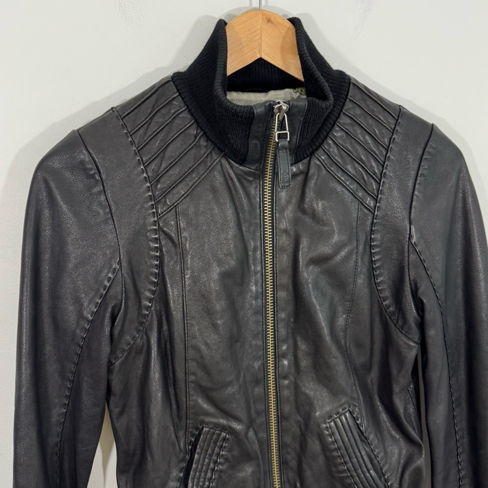 Mackage Dark Leather Jacket with Ribbed Details - Picture 2 of 16